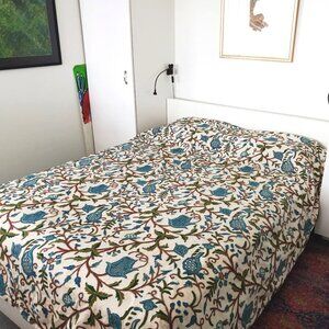 Vintage Hand Embroidered Crewel Ecru Wool Bedspread Double/Queen